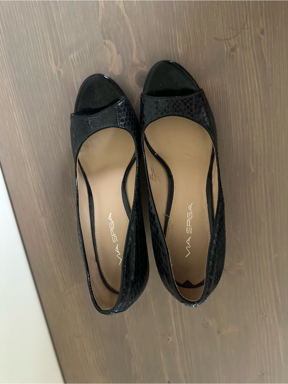 Via Spiga Black Peep-Toe Wedge Pumps